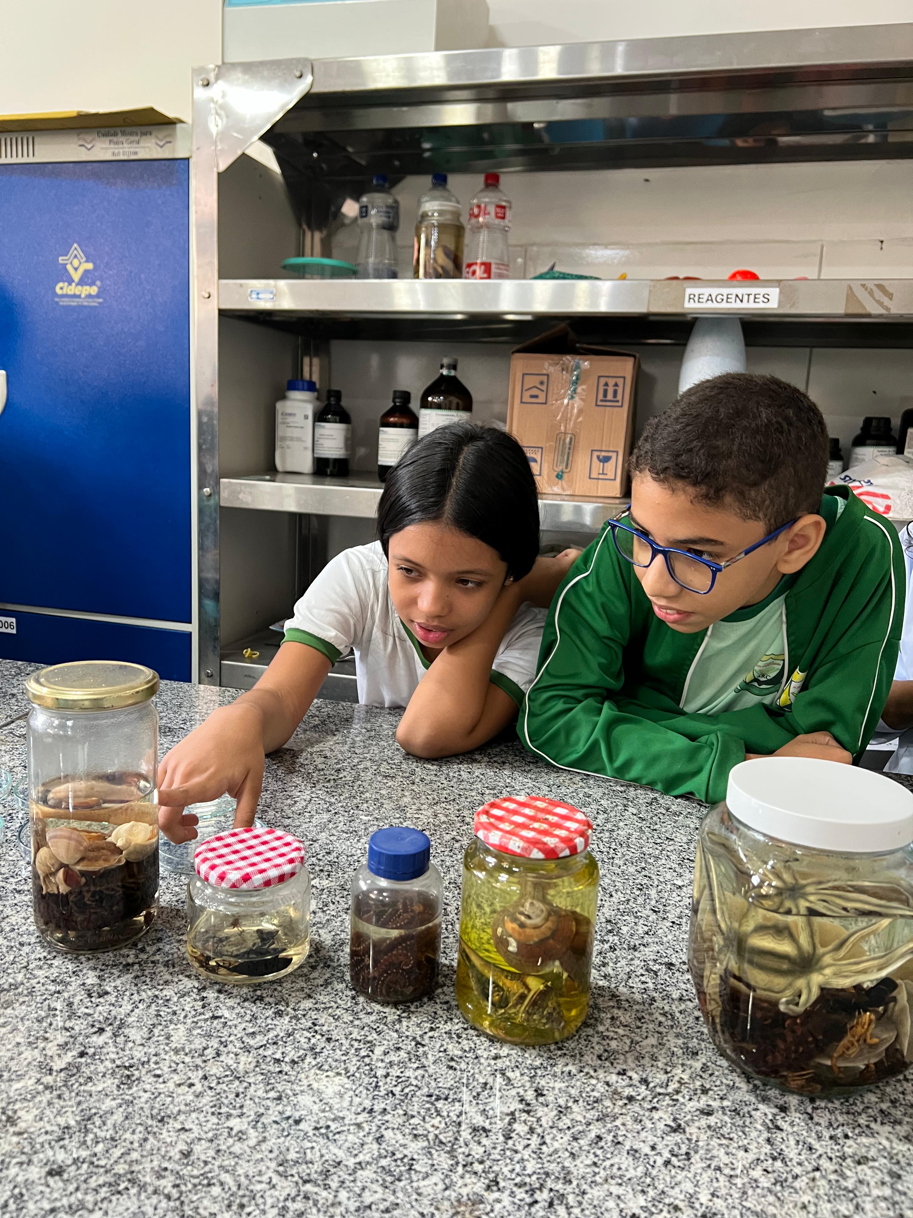 Alunos observando experimento